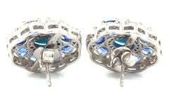 Adorable Pair of Cabochon-Cut Turquoise, Faceted Kyanite & Diamond Flower Style Earrings in Sterling