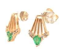 14kt Yellow gold marquise and pear shaped emerald and diamond fan pendant on chain and matching earr
