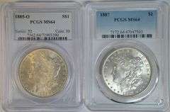 Creamy-white near Gem BU 1885-O & 1887 Morgans. PCGS MS64