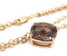 14kt Yellow gold Cushion smokey quartz pendant on 2 row cable chain necklace