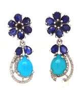 Enamoring 4.00CTW Pear Shaped Faceted Sapphire, 2.40CTW Cabochon-Cut Turquoise & Diamond Dangle Earr