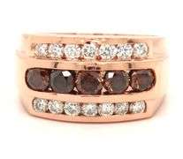 14kt Rose gold fancy dark brown diamond and white diamond triple row ring