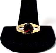 Excellent 10K Yellow Gold Red Garnet Gemstone Ring with Diamond Accents