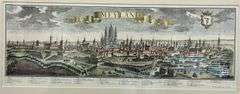 Antique “MEYLAND” Panoramic City View Engraving Hand Colored European Landscape Print, Framed