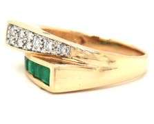 14kt Yellow gold square emerald and diamond bypass ring