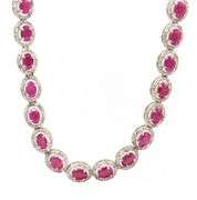 Gorgeous 36.00CTW Oval Faceted Ruby & 6.00CTW Diamond of 21.5 Inches Necklace in 14K White Gold Over