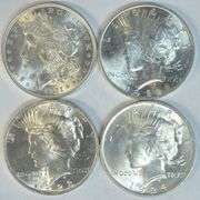 Flashy-white BU 1921 Morgan and 1922 to 1924 Peace Dollars. 4pcs