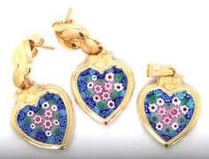 Beautiful 18K YG Millefiori Earrings and Pendant Suite
