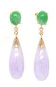 14kt Yellow gold oval green Jade and Lavender Jade teardrop dangle earrings