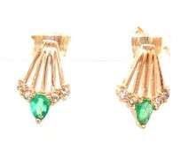 14kt Yellow gold marquise and pear shaped emerald and diamond fan pendant on chain and matching earr