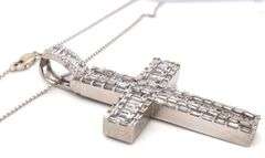 14kt White gold 7.35ctw baguette and round cut diamond cross pendant