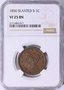 1856 Braided Hair Large Cent Slanted 5 Variety NGC VF-25 BN Better Date U.S. Copper