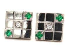 18kt White gold diamond and emerald Geomatric square stud earrings
