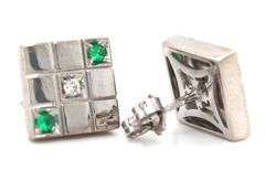 18kt White gold diamond and emerald Geomatric square stud earrings