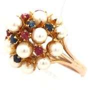 12kt Yellow gold pearl and multi gemstone cluster dome ring