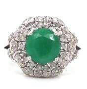 Sparkling 2.70CTS Round Faceted Natural Emerald & 0.88CTW Diamond Ring in Sterling Silver