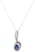 14kt White gold blue sapphire and diamond halo and sapphire under halo enhancer pendant on chain