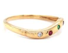 18kt Yellow gold Scatter ruby, sapphire, emerald and diamond curved band