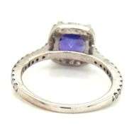 14kt White gold cushion cut Tanzanite and diamond halo ring