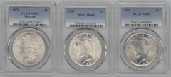 Near Gem BU 1921 Morgan & 1923 & 1925 Peace Silver Dollars. PCGS MS64's