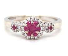 Sweet 14K WG Ruby & Diamond Cluster Ring