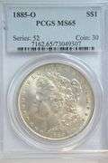 Frosty-white Gem BU 1885-O Morgan Silver Dollar. PCGS MS65