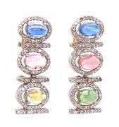 Stunning 6.90CTW Oval Cabochon-Cut Multi-Colored Tourmaline & 1.60CTW Diamond Earrings in Sterling S