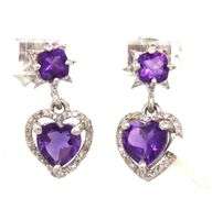Darling Heart Shaped Faceted Amethyst & Diamond Earrings in Sterling Silver