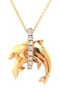 14kt Yellow gold 0.20ctw diamond double dolphin Jumping on hoop pendant on chain