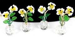 4 Early Czech Glass Flower Place Card Holders