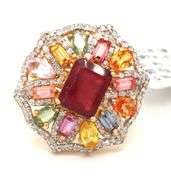 Fantastic 12.55CTS Emerald-Cut Ruby, 9.30CTW Multi-Colored Tourmaline & 2.80CTW Diamond Ring in 14K 