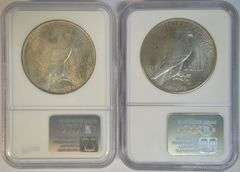 Near Gem BU 1923 & 1925 Peace Silver Dollars. Old NGC MS64