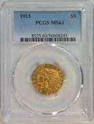 Better date Very Choice BU 1913 $5 Indian Gold Piece. PCGS MS63