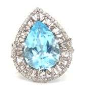 Fantastic 12.65CTS Pear shaped Brilliant-Cut Blue Topaz & Diamond Ring in 925 Sterling Silver