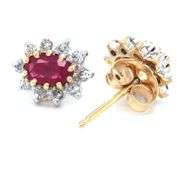 14kt Yellow gold oval ruby and diamond stud earrings