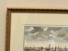 Antique “MEYLAND” Panoramic City View Engraving Hand Colored European Landscape Print, Framed