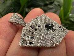 Rhodium Plated 925 Sterling Silver CZ Royal Flush Hip Hop Pendant Ace of Spades