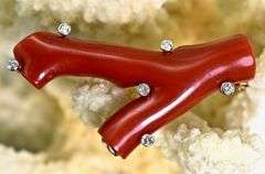 Unique 14K Ox Blood Coral and Diamond Brooch