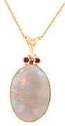 14kt Yellow gold oval opal, ruby and diamond accent pendant on chain