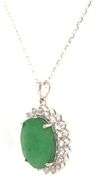 Endearing 6.59CTS Oval Faceted Natural Emerald & 2.25CTW White Sapphire Pendant Necklace in Sterling