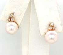 14kt Yellow gold 7mm pearl and diamond accent earrings