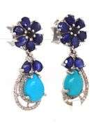 Enamoring 4.00CTW Pear Shaped Faceted Sapphire, 2.40CTW Cabochon-Cut Turquoise & Diamond Dangle Earr