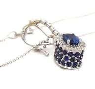 14kt White gold blue sapphire and diamond halo and sapphire under halo enhancer pendant on chain