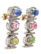 Stunning 6.90CTW Oval Cabochon-Cut Multi-Colored Tourmaline & 1.60CTW Diamond Earrings in Sterling S