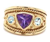 18kt Yellow gold bezel set Trillion amethyst, round aquamarine rope style Etruscan ring