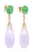 14kt Yellow gold oval green Jade and Lavender Jade teardrop dangle earrings