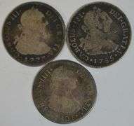 1773, nice 1785, & 1801 Mexico Silver 2 Reales pieces in circ