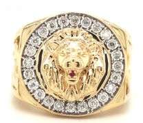 14kt Yellow gold Illusion set diamond halo lion ring with ruby
