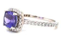 14kt White gold cushion cut Tanzanite and diamond halo ring
