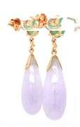 14kt Yellow gold oval green Jade and Lavender Jade teardrop dangle earrings